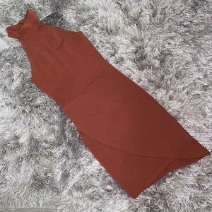 Terracotta Orange Mini Asymmetrical Sleeveless Halter Dress. Size S.